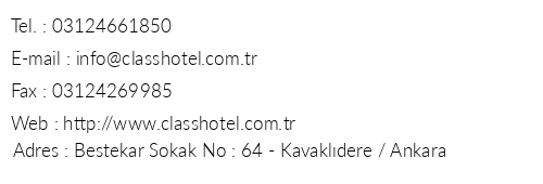 Class Hotel Ankara telefon numaralar, faks, e-mail, posta adresi ve iletiim bilgileri